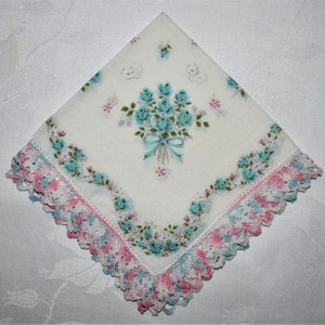 Vintage Printed Rose Hand Crochet Trim Woman's Handkerchief