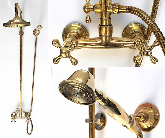 Unlacquered Brass Shower System With Rain Shower Head Combo and