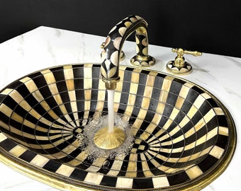 Moroccan Brass Oval Sink Set - Striking Black Resin and Bone Design, Complete with Faucet - Brass Drop-in Sink