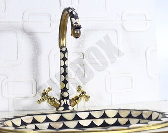 Gooseneck Faucet made of Unlacquered Brass, Brass Resin with Bone Decoration. Bathroom Faucets