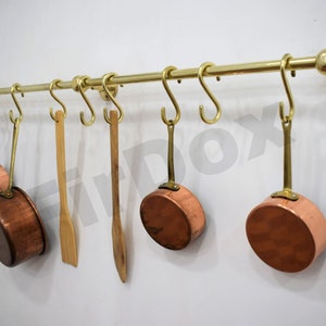 Unlacquered solid Brass Pot And Pan Rail - Wall Mounted Pot Rack - Pan Organizer - Unlacquered Brass Pot Rail - cooktop pot rack