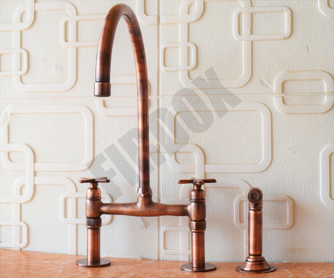 Antique Copper Kitchen Faucet With Sprayer Bridge Copper Etsy
