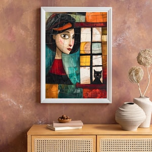 Woman and cat Print, Cat Wall Art, woman with her cat printable, instant digital download, contemporary art