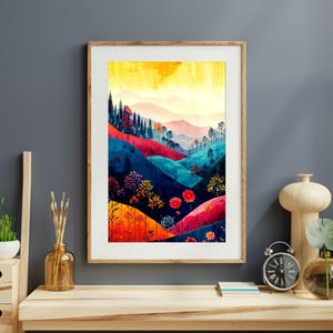 May include: A watercolor painting of a colorful landscape with rolling hills, trees, and flowers. The hills are painted in shades of blue, green, red, and orange. The trees are a dark green and the flowers are a bright pink, yellow, and red.