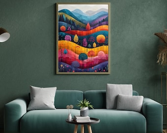 Abstract Mountain Artwork, Colorful Wall Art, Abstract Art, Patchwork, Illustration, Living Room Print, Scenery Art, Floral