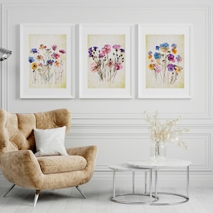Colorful Wildflower Art, Set Of 3, Watercolor Flowers, Bright Floral Prints, Digital Download, Printable Flower Watercolors