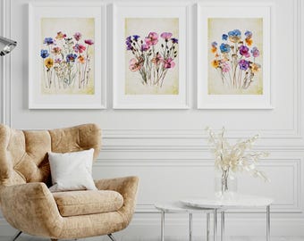 Colorful Wildflower Art, Set Of 3, Watercolor Flowers, Bright Floral Prints, Digital Download, Printable Flower Watercolors