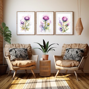 Set Of 3 Watercolor Thistle Flowers  Painting , Instant Digital Prints for Timeless Home Decor, Botanical Wall Art, PRINTABLE Floral Prints.