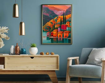 Obra de arte abstracta de montaña, arte mural colorido, arte abstracto, patchwork, ilustración, impresión para sala de estar, arte paisajístico, floral