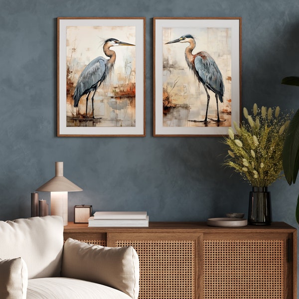 Graceful Guardian: Transform Your Space with a Timeless Great Blue Heron set of 2 Prints. Watercolor Painting, Minimalist Coastal Room Decor