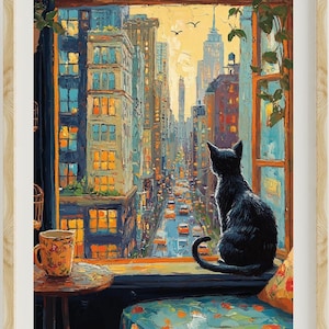 Cat in New York Illustration, New York art, Colorful Wall Art, Maximalist Decor, Travel art, NYC