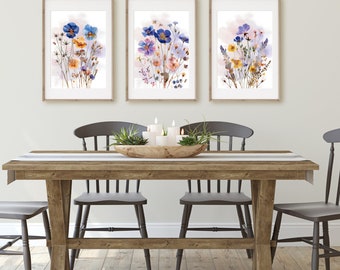 Kleurrijke Wildflower kunst, set van 3, aquarelbloemen, heldere bloemenprints, digitale download, afdrukbare bloemaquarellen