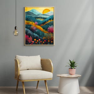 Peut inclure: Une peinture à l'aquarelle d'un paysage coloré avec un soleil couchant derrière une chaîne de montagnes. La peinture présente une variété de couleurs, notamment le bleu, le vert, le jaune, l'orange et le rouge. La peinture est encadrée dans un cadre doré.