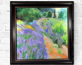 Pintura al óleo de una granja de lavanda: arte paisajístico impresionista enmarcado (20 x 20)