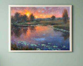 Pacific Northwest Sunset Oil Painting: Impressionist River Landscape Art