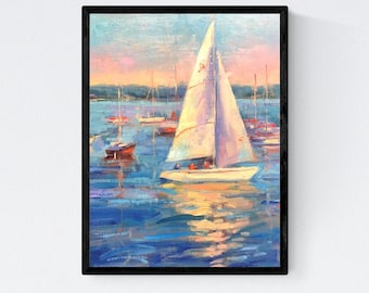 Dipinto a olio di barca a vela: paesaggio marino in impasto, arte costiera nautica (12x16)