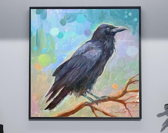 Oryginalny obraz olejny „Crow” na aluminium: impresjonistyczna sztuka „Raven” (30x30 cm)