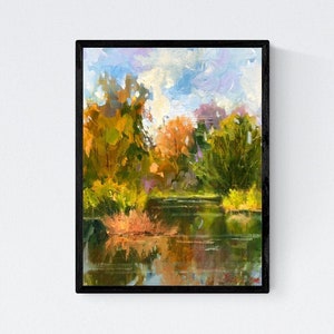 Autumn Lake-olieverfschilderij: originele impressionistische landschapskunst (12 x 16)
