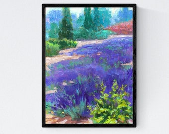 Pintura al óleo de campo de lavanda: paisaje impresionista original de 30,5 x 40,6 cm enmarcado