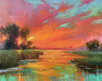 Obraz olejny „Oregon Sunset Marsh”: Oryginalna impresjonistyczna sztuka krajobrazowa (16x12)