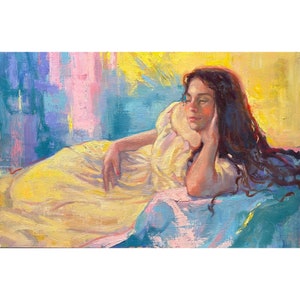 Reclining Woman Oil Painting: Original Impressionistic Portrait on Birch (28x16)