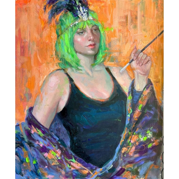 Flapper Girl pintura retrato arte Arte figurativo óleo original sobre abedul gran Gatsby, obra de arte impresionista, Regalo del Día de la Madre, arte de pared