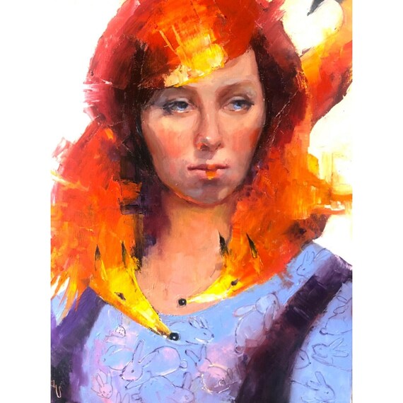 赤毛の女性の肖像画油絵：Foxy Lady Art、18x24 キャンバス - Etsy 日本