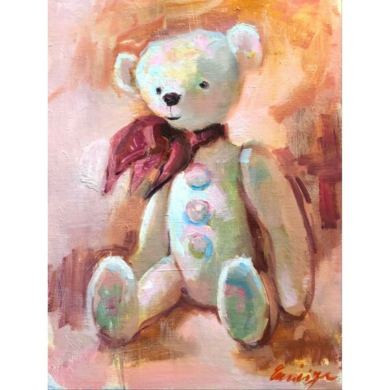 Teddy Bear Art, Original Oil Painting, Small Artwork, impressionist Art