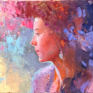 Retrato de mujer impresionista, pintura al óleo de chica de fantasía, 30,5 x 40,6 cm