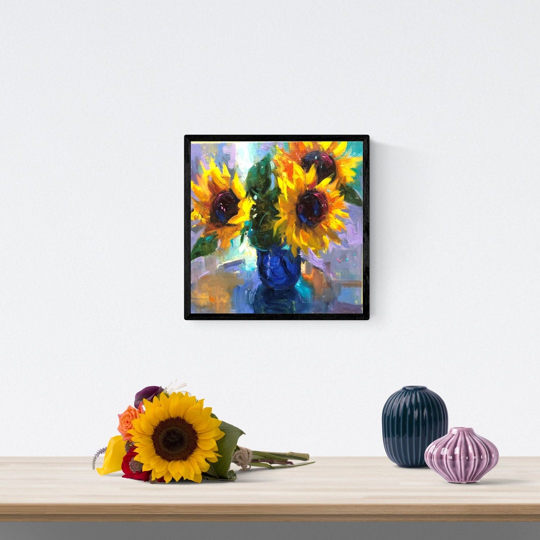 Sunflowers in Blue Vase: Original Oil Painting on Canvas, Impressionism ...