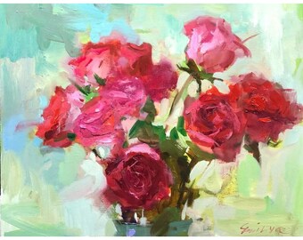 Blooming Roses Oil Painting: Original Floral Impressionist Art