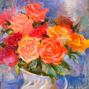 Original Roses Oil Painting: Impressionist Floral Still Life Art