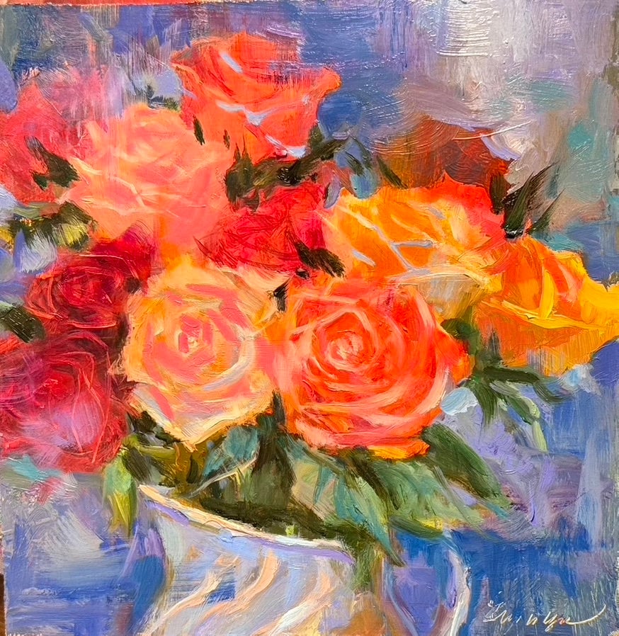 オリジナルのバラの油絵：印象派の花の静物画 - Etsy 日本
