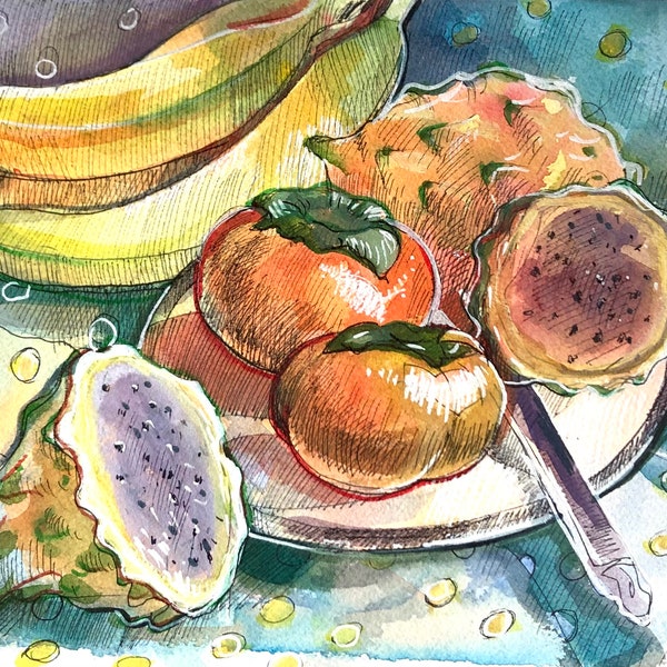 Fruits Art , Watercolor Painting,Watercolor Still Life,  Inc and Water, Original Art, watercolor on paper , urban sketching, kitchen art