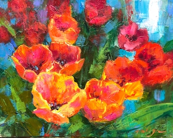Original Red Tulips Oil Painting: Impasto Floral Art, 12x16