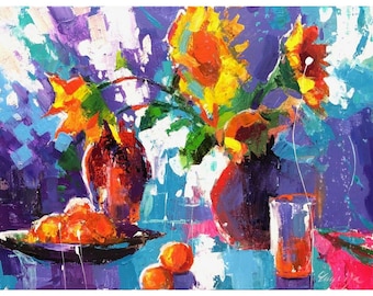 Pintura acrílica original de girasoles y naranjas: Naturaleza muerta floral vibrante, lienzo de 18 x 24