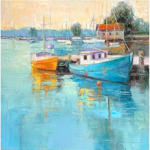 Boats Oil Painting Seascape Original Impasto Artwork Boat Impressionist Art