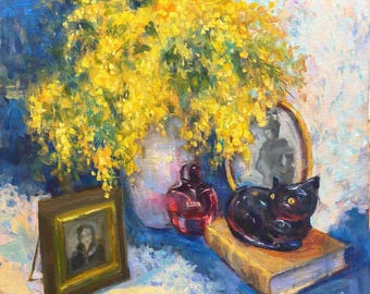 オリジナルの厚塗り油絵、花の静物画、植物のアートワーク、ミモザの