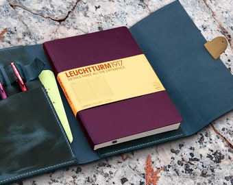 Estuche de cuero con cierre para libreta A5 Leuchtturm 1917, tamaño mediano, tamaño Bullet Journal, organizador rústico de cuero auténtico.