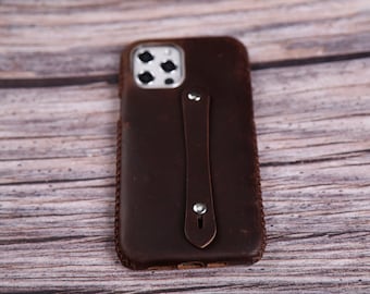 Genuine Leather iPhone 15 Pro Max 15 Plus 14 Pro Max 14 Plus 14 13 Pro Max/12 case leather cover Full Cover Real Leather Hand Holder Brown