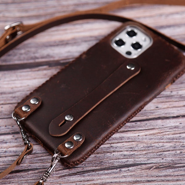 Phone Cover iPhone 16e 15 Pro Max/15 14 Plus/14 Pro Max 13 Pro Max leather cover case Free Custom Hand Holder crossbody strap Brown 14DHIF01