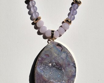 Nebula Geode Galaxy Beaded Agate Purple Druzy Crystal Pendant Necklace