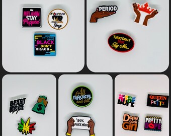 May include: A set of 12 colorful iron-on patches with various phrases and designs, including "Melanin Stay Poppin", "Black Don't Crack", "Period", "Thou Shalt Not Try Me", "All Magical and Shit", "Black Men Are Dupe", "Queen Petty", "Boy, Fuck You", "Dope Black Girl", and "Pretty Dope".