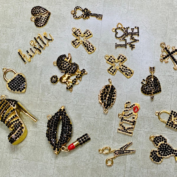 Black Bling Charms, Gold Charms, Rhinestone Bling Charms, Wholesale Charms, Charm Vendor, Charm Bracelet, Bracelet Charms