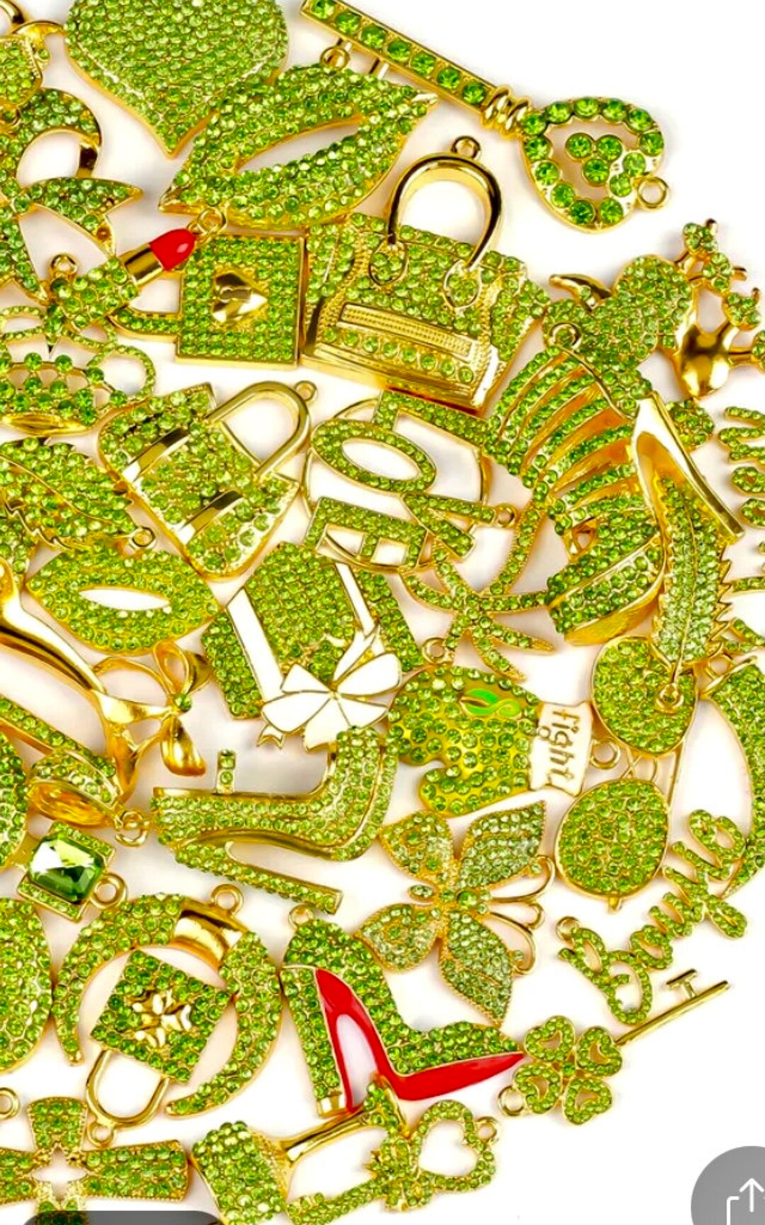 Green Bling Charms, Gold Charms, Rhinestone Bling Charms, Wholesale