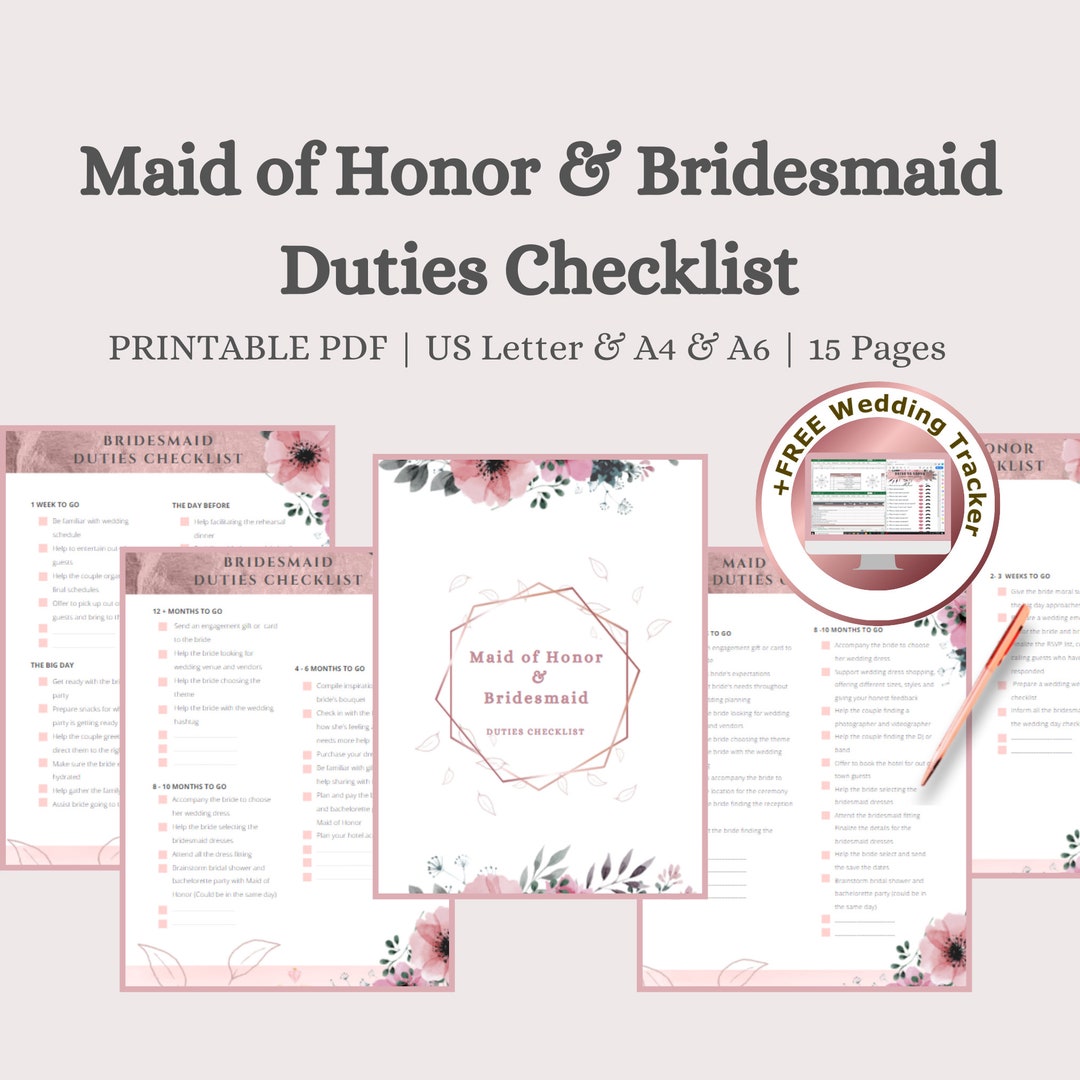 Printable Maid of Honor and Bridesmaid Duties Checklist Rose Gold With Online Tracker / Timeline ...