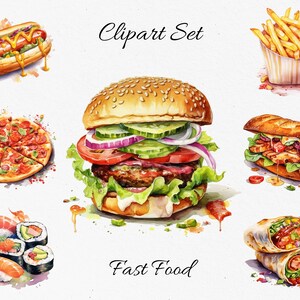 Fast Food, Food , Watercolor Clipart Bundle - Digital Download, Scrapbook PNGs