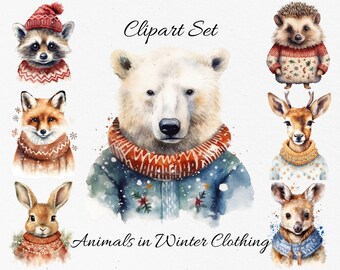 Animal in Winter Clothing Watercolor Clipart Bundle - Digital Download, Scrapbook PNGs
