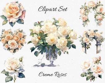 Roses Cream , Flowers , Watercolor Clipart Bundle - Digital Download, Scrapbook PNGs