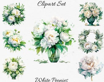 White and Emerald Peonies , Flowers , Watercolor Clipart Bundle - Digital Download, Scrapbook PNGs
